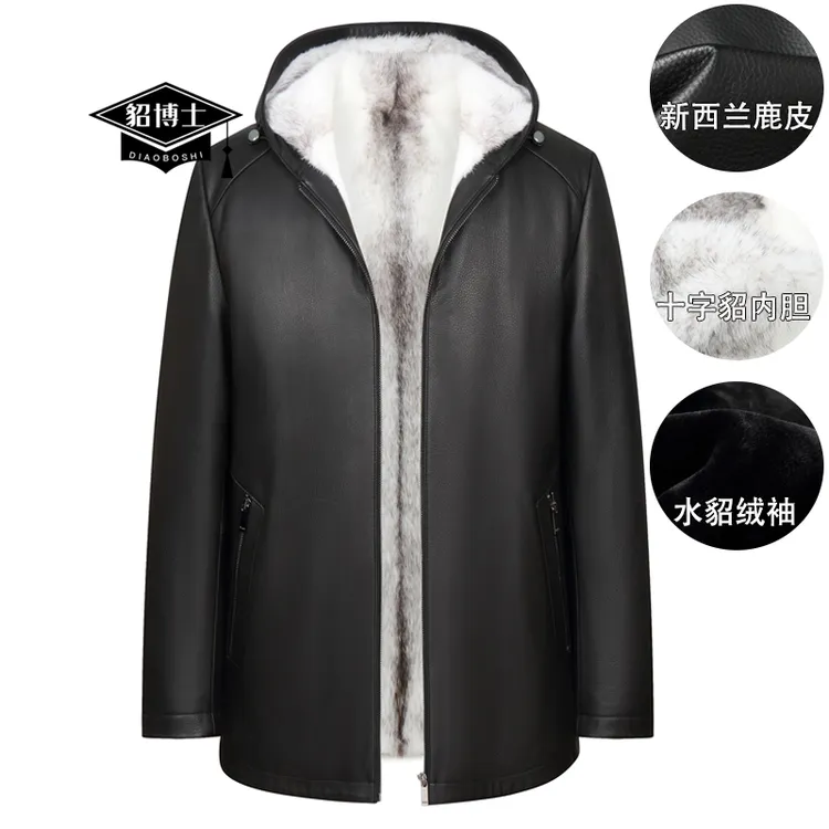 貂博士进口鹿皮真皮皮衣男十字貂水貂内胆整貂中年皮草貂皮外套冬