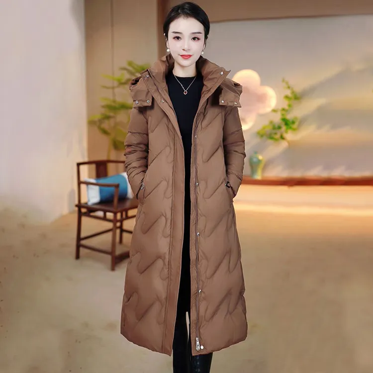 羽绒棉服女款2024新款时尚中长款加厚保暖免洗仿皮冬季拆卸帽棉衣