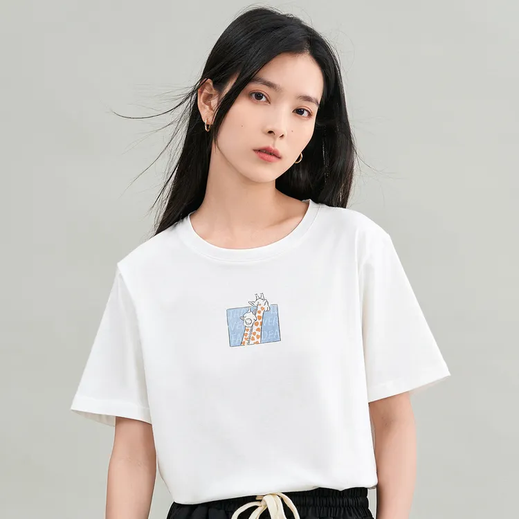 2025夏季纯棉T恤女简约治愈体恤长颈鹿印花显白圆领休闲上衣学生