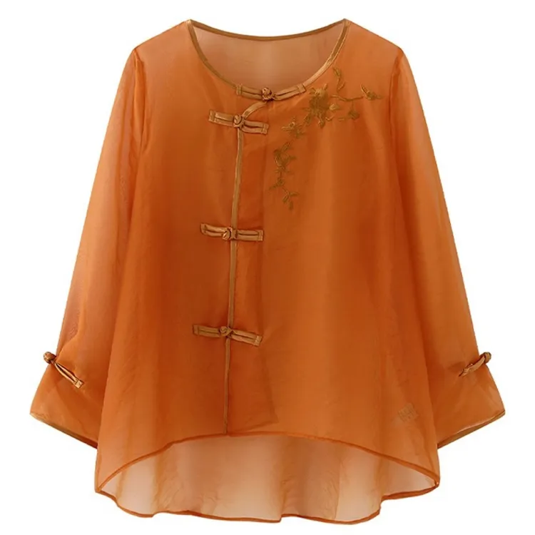 新中式斜襟盘扣花朵刺绣圆领薄纱衬衫外套女前短后长防晒上衣