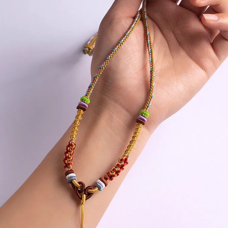 非金属布艺项链 敦煌配色项链吊坠绳手工编织绳子桃花结挂脖可调