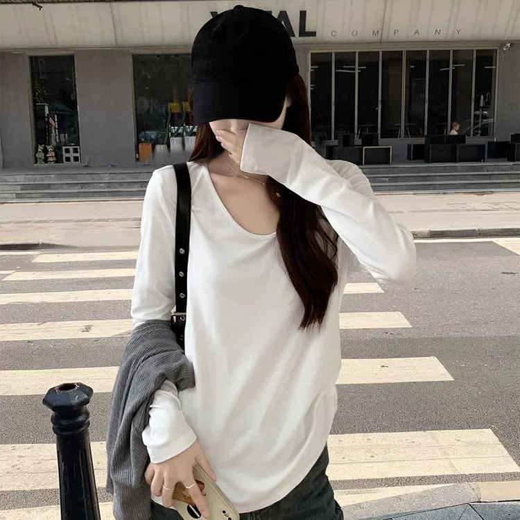 慵懒松弛感白色V领正肩长袖T恤女秋季宽松遮肚子显瘦打底衫上衣