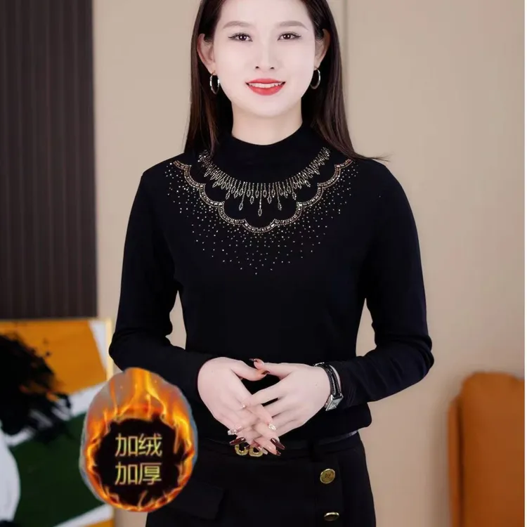 小衫蕾丝百搭显瘦气质时尚洋气修身黑色秋冬新款半高领女士长袖