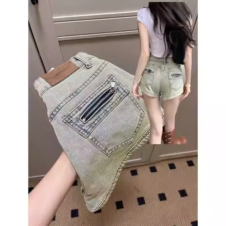 美式辣妹牛仔短裤女大码胖mm夏季高腰弹力显瘦直筒超短a字热裤