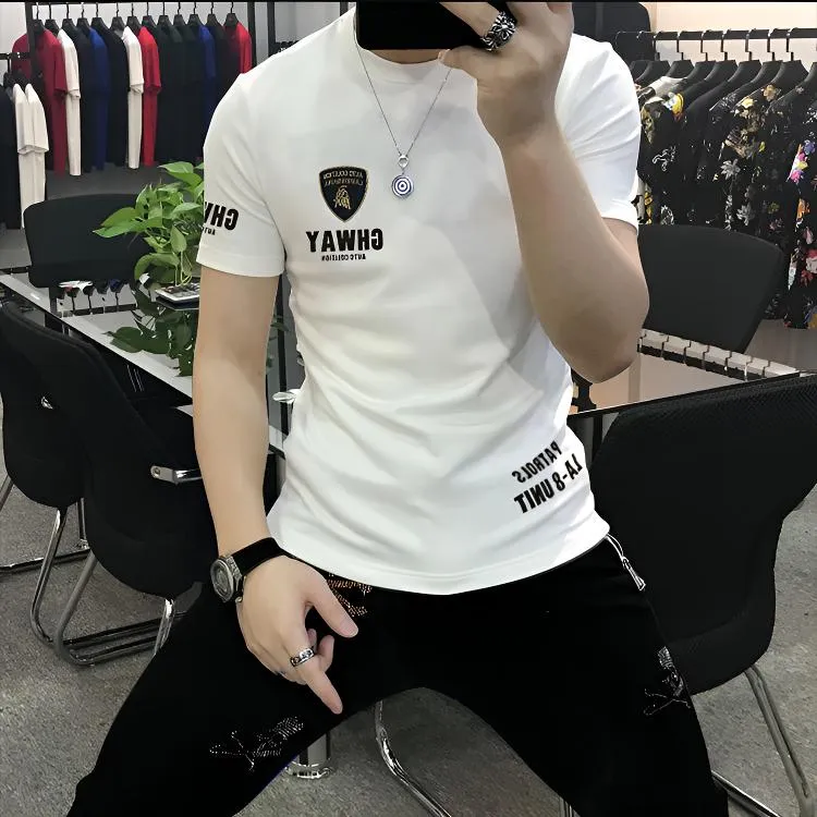 欧洲站2025夏季新款潮牌修身印花短袖T恤男圆领青年透气上衣男装