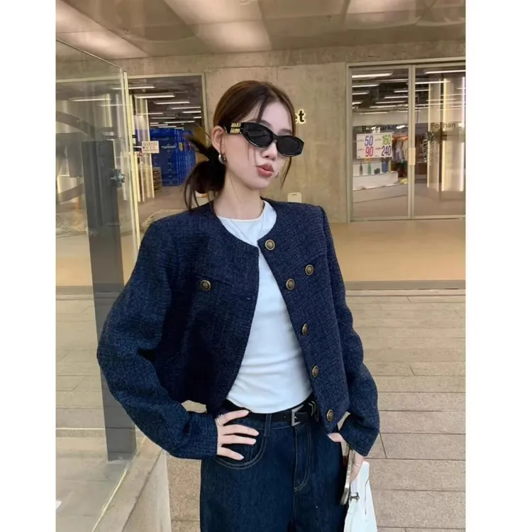 秋冬蓝色新款高级休闲短款外套长袖上衣气质粗花呢小香风外套精品