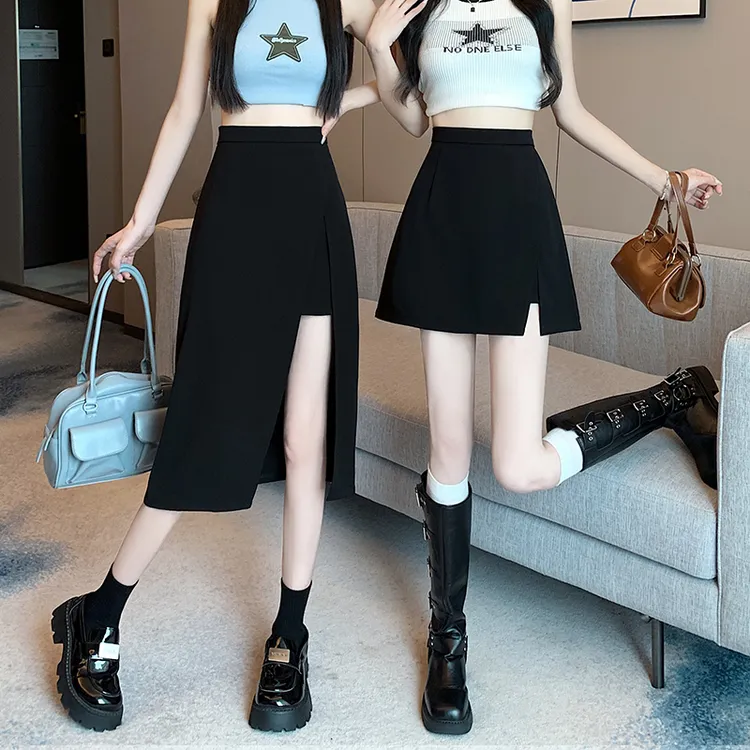黑色开叉半身裙女春夏2025新款a字短裙高腰显瘦垂感中长款包臀裙
