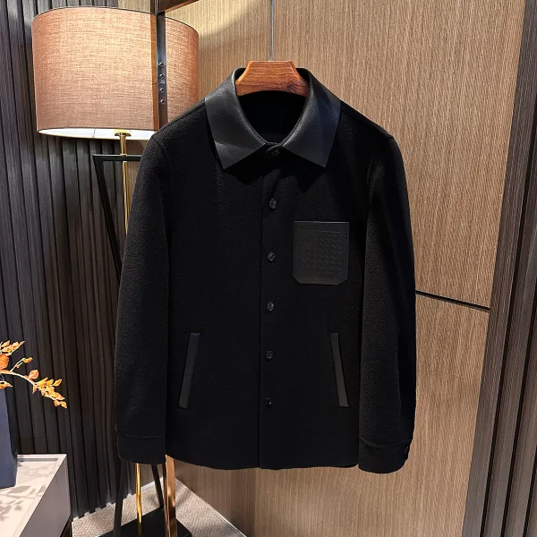 【新晋商务型男 双面呢】冬季高档男士绵羊皮拼接100%羊毛夹克外套