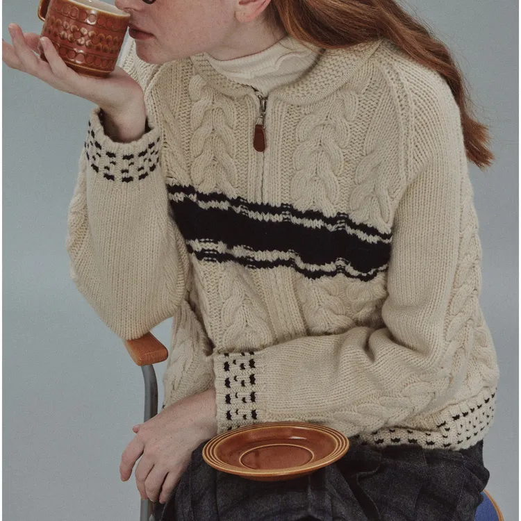 复古全羊毛粗棒针撞色条纹青果领学院风麻花拉链毛衣