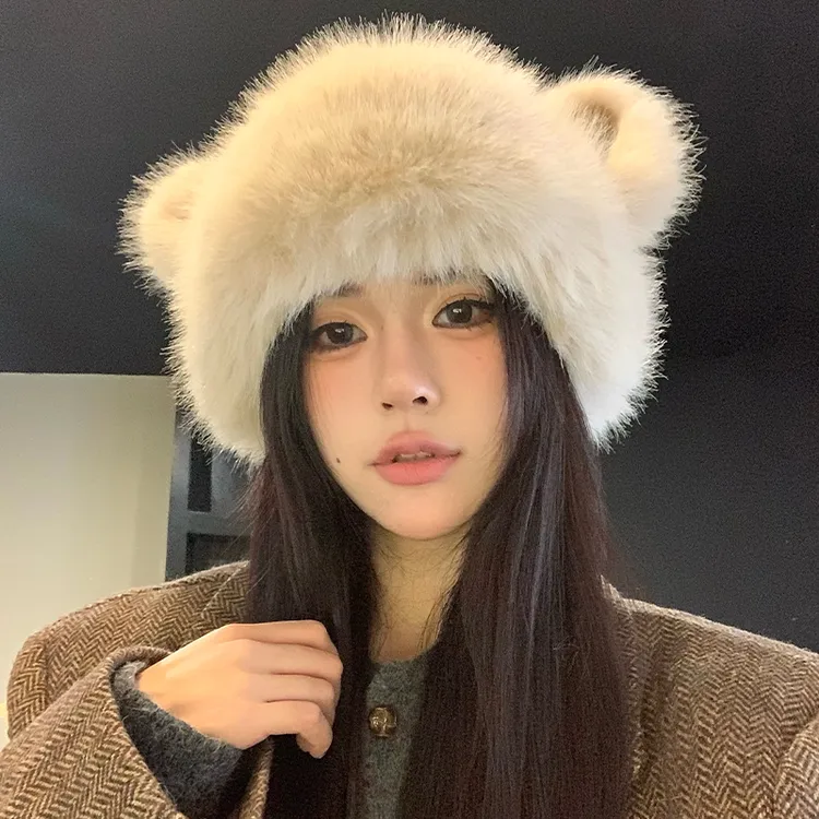 可爱小熊毛绒帽女秋冬季韩版显脸小护耳帽加绒保暖蒙古东北帽子