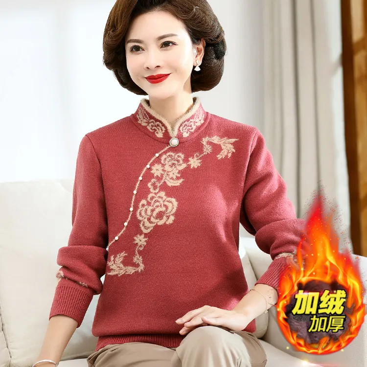 妈妈秋冬装加绒加厚毛衣洋气中老年女保暖一体绒旗袍领针织打底衫