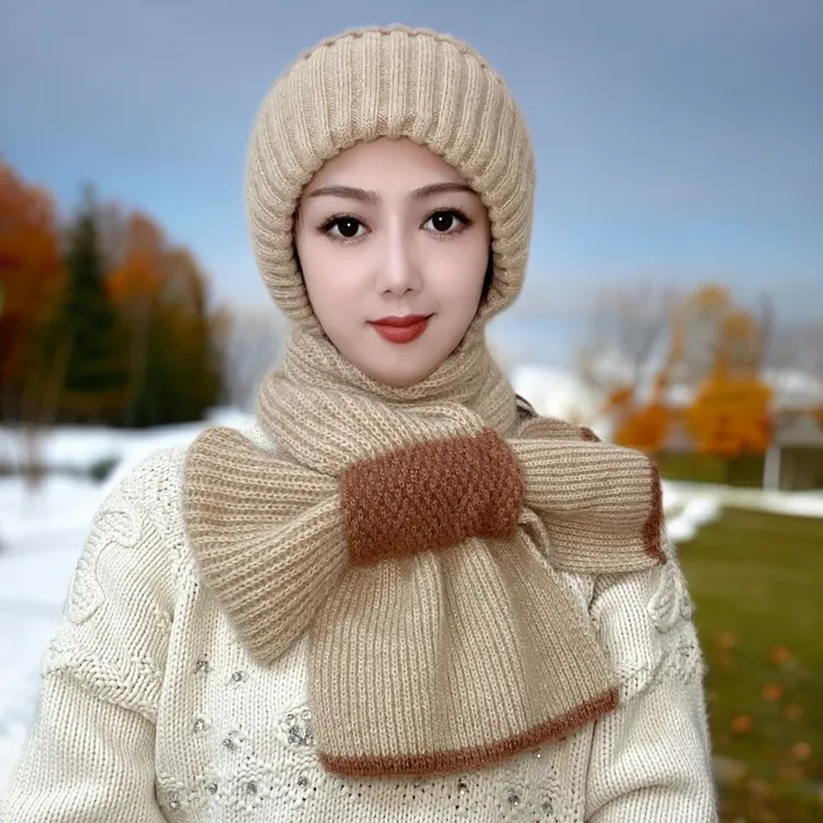 护耳风雪帽双拼毛线帽加绒围巾一体新款可扣针织秋冬季百搭针织帽