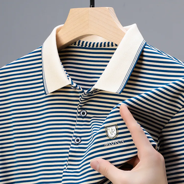 时尚潮流男士条纹翻领polo衫2025夏季薄款爆款宽松大码爸爸短袖男