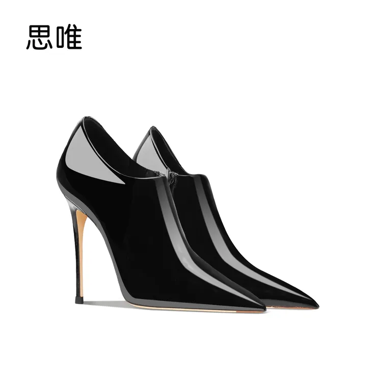 黑色漆皮拉链短靴女2025年新款欧美细跟尖头高跟鞋百搭深口及踝靴