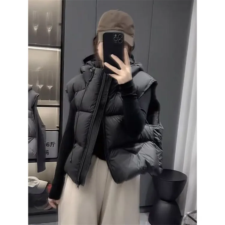 【JOJO】欧美秋冬季新款白鸭绒时尚马甲女小个子连帽宽松短款背心