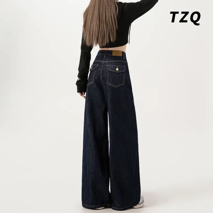 深蓝色阔腿牛仔裤女爆款2025新款秋季高腰宽松显瘦百搭垂感直筒裤