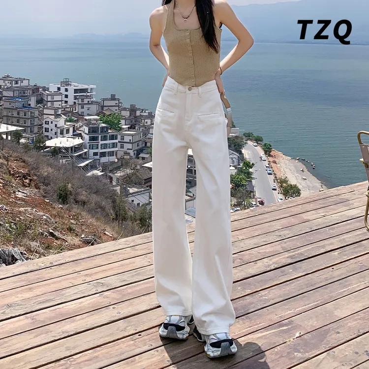 白色阔腿牛仔裤女爆款2025新款秋季加绒高腰宽松显瘦百搭直筒裤子