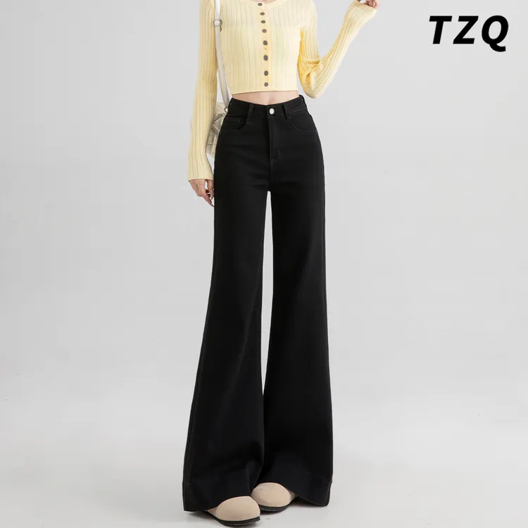 黑色阔腿不贴腿微喇百搭牛仔裤女2025美式高腰拖地长裤 TZQ110811