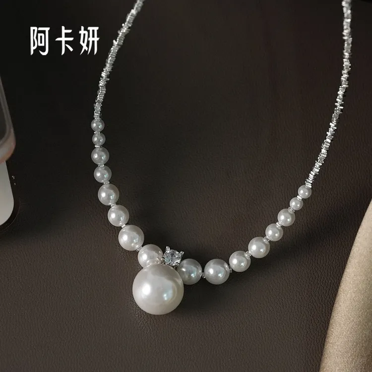 阿卡妍 链子925银合成锆石 法式强光珠珠小众设计碎银子ins锁骨链