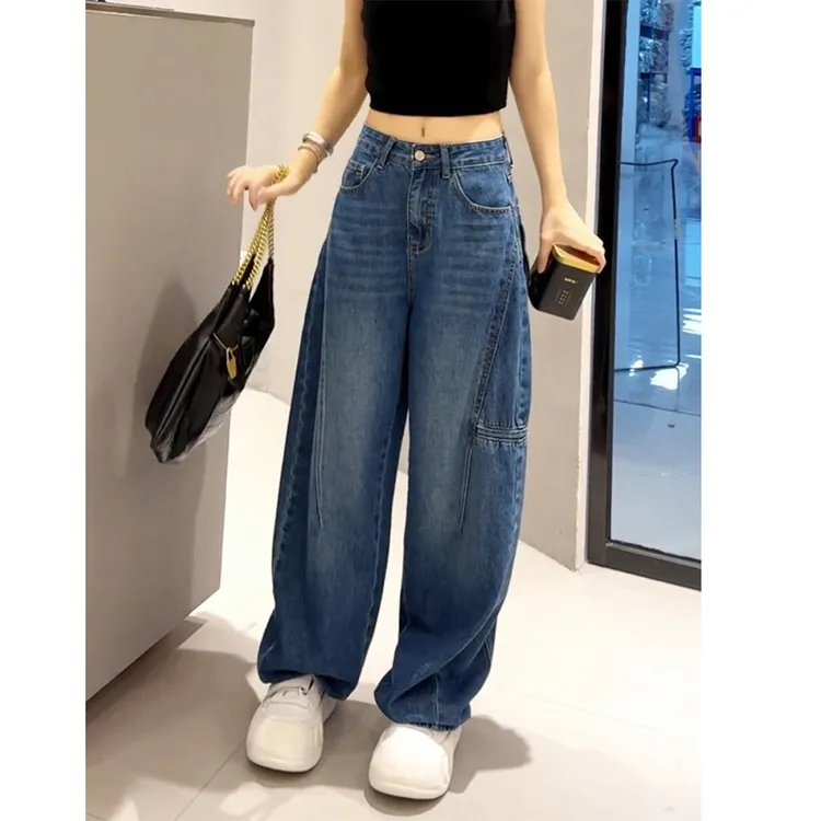 大码阔腿牛仔裤女款秋冬高腰新款爆款裤子胖mm显瘦工装直筒弯刀裤
