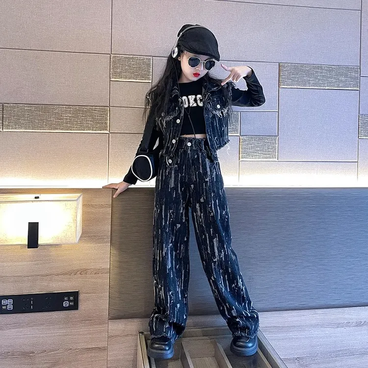 女童早秋套装2025新款洋气儿童网红炸街秋装时髦女大童裤子三件套