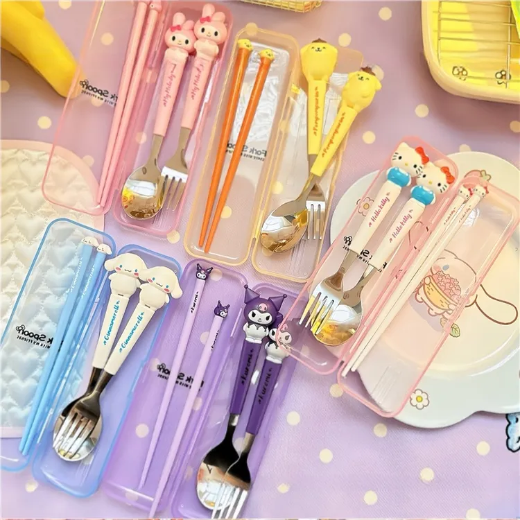 三丽鸥盒装不锈钢勺筷叉便携餐具小学生上学一人专用单人装餐具