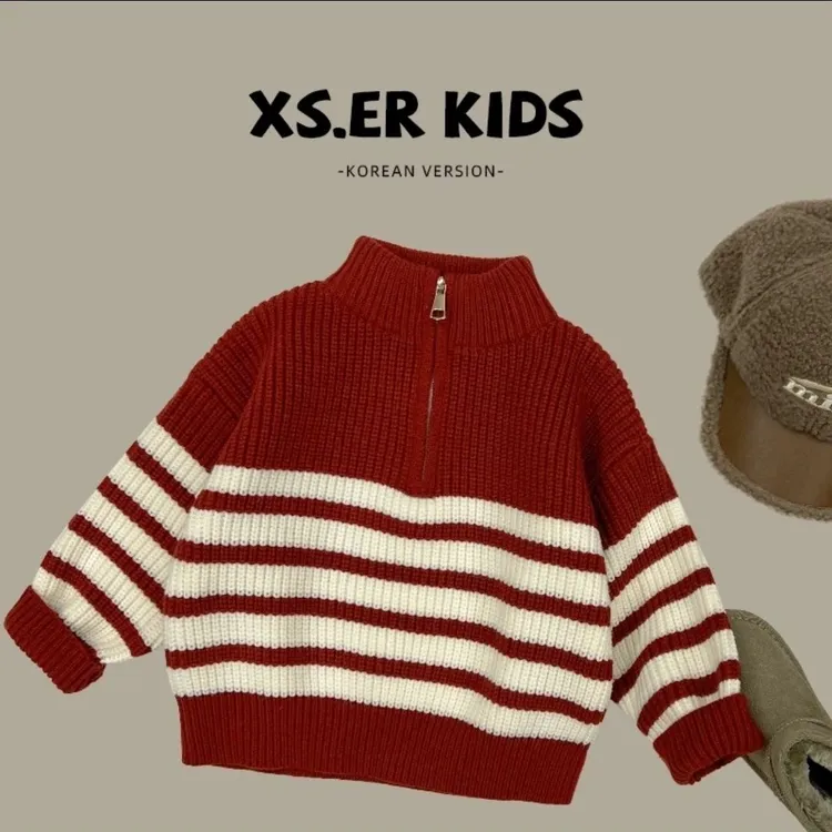 儿童毛衣韩版2025宽松新款冬季男女童秋冬洋气套头条纹宝宝针织衫