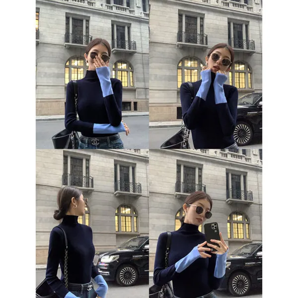 撞色半高领针织衫女2024秋冬新款设计感修身内搭打底衫上衣毛衣