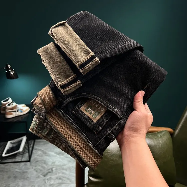 柔软磨毛薄绒牛仔裤冬款加厚抓绒潮牌刺绣修身小脚百搭休闲长裤男