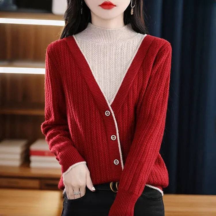 假两件针织打底衫秋冬新款显瘦韩版毛衣女休闲百搭外穿针织衫上衣