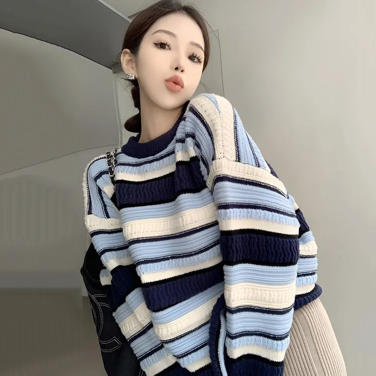 韩系条纹麻花软糯套头毛衣2024秋冬韩版宽松慵懒风长袖针织衫上衣