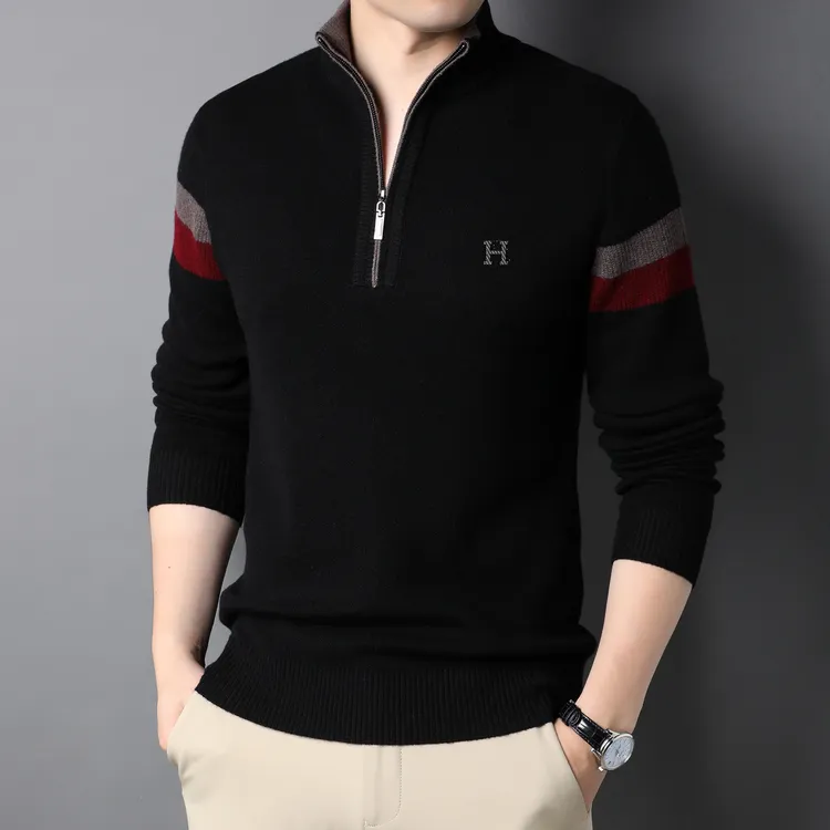 【500克毛衣加厚】冬季100%纯羊毛男士加厚休闲保暖针织拉链半高领