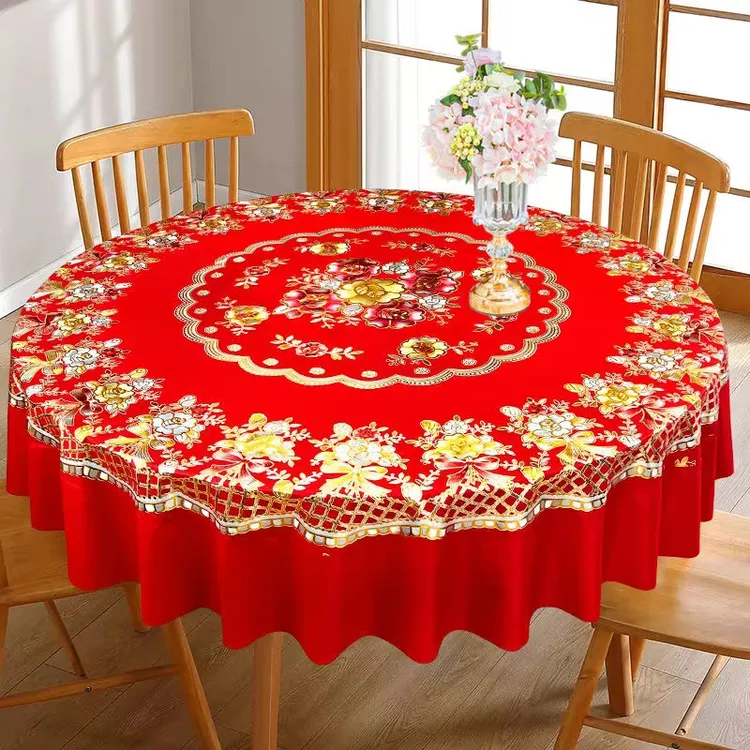红色大圆桌布防水防油防烫加厚圆形餐桌布家用酒店新款喜庆餐桌布