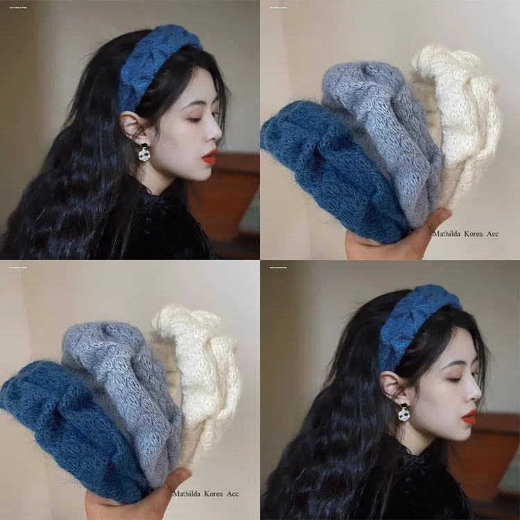 克莱因蓝毛线发箍高颅顶褶皱女宽边头箍2025年新款高级感洗脸发卡