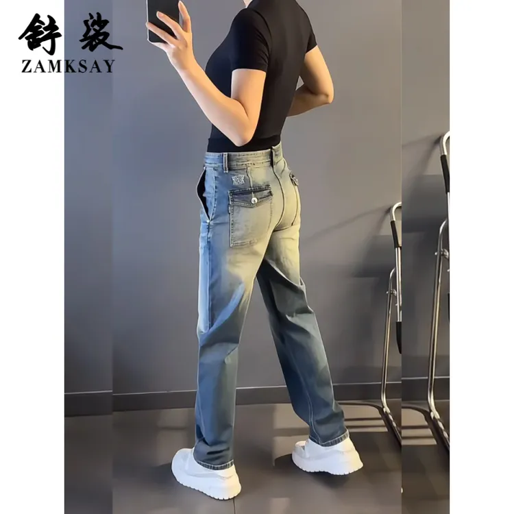 秋季男装欧货轻奢水洗蓝色直筒牛仔裤男士新款百搭潮牌阔腿休闲裤