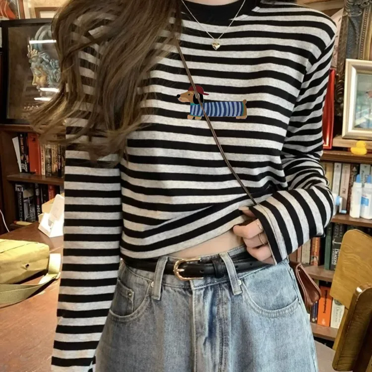 圆领长袖T恤女2024秋冬新款修身显瘦百搭条纹打底衫休闲内搭上衣