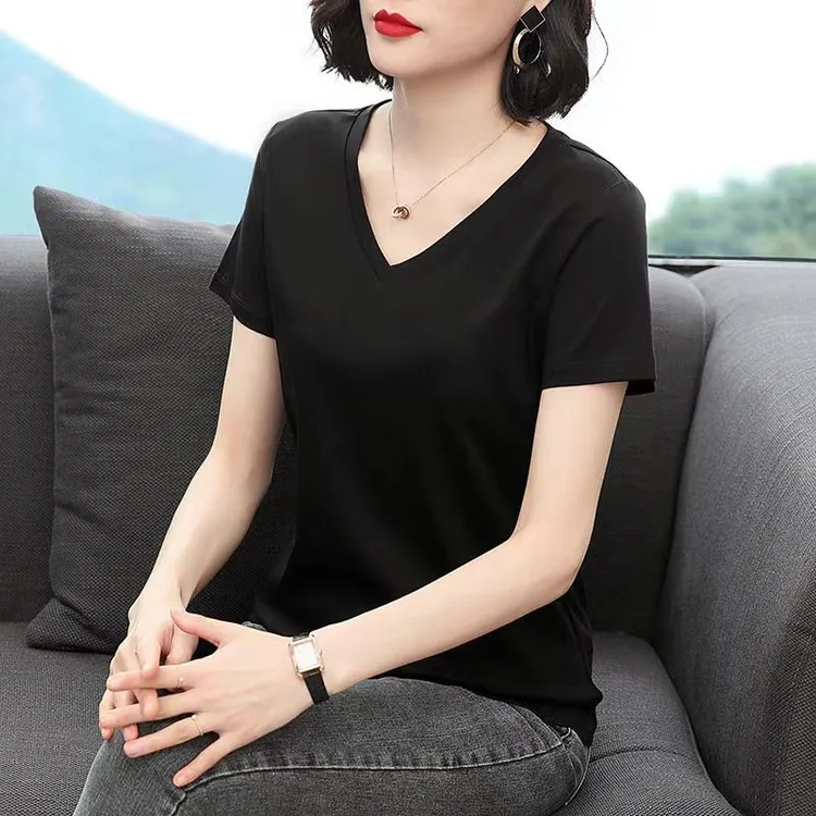 新款黑色v领t恤女洋气棉短袖鸡心领打底衫修身显瘦百搭上衣夏季
