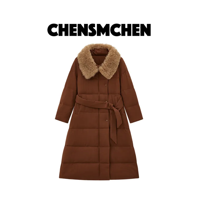 CHENSMCHEN 90白鹅绒中长款羽绒服女冬季山羊毛皮领外套C24Y007MN