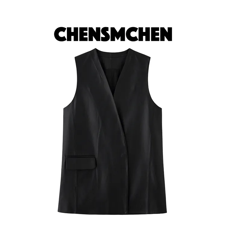 CHENSMCHEN【英伦情怀】绵羊皮黑色皮马甲女长款皮衣C24W026