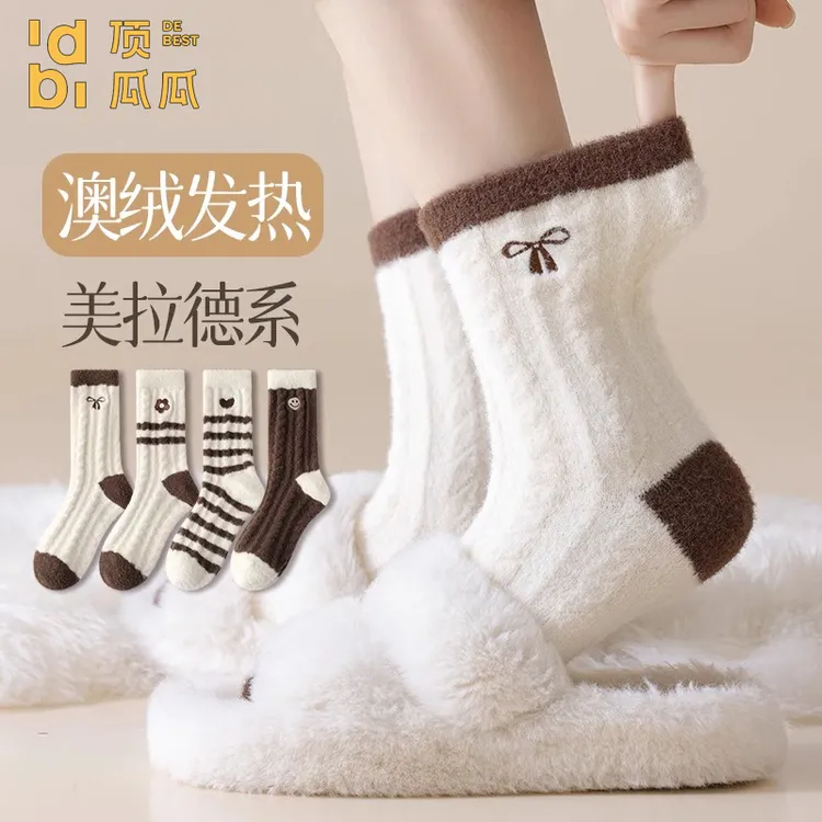 澳绒袜子女款秋冬季新款加绒加厚珊瑚绒保暖冬天条纹中筒月子袜