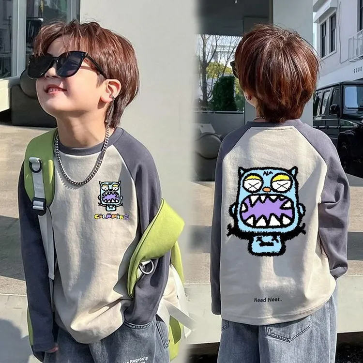 男童长袖纯棉t恤春秋装2023新款儿童打底衫中大童男孩炸街上衣潮