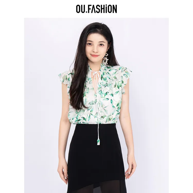 OU.FASHION/欧点立领镶钻印花无袖衬衫女荷叶边上衣6032420465