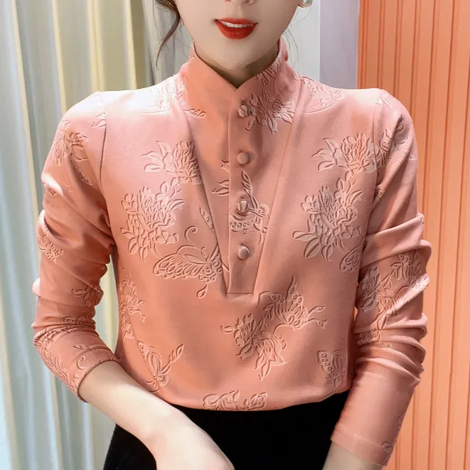 2024冬季新款中领印花气质百搭时尚长袖减龄加绒打底衫上衣女568