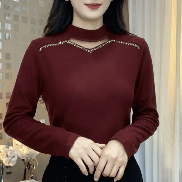 秋冬新款半高领纯色镂空烫钻时尚百搭显瘦气质减龄洋气长袖打底衫