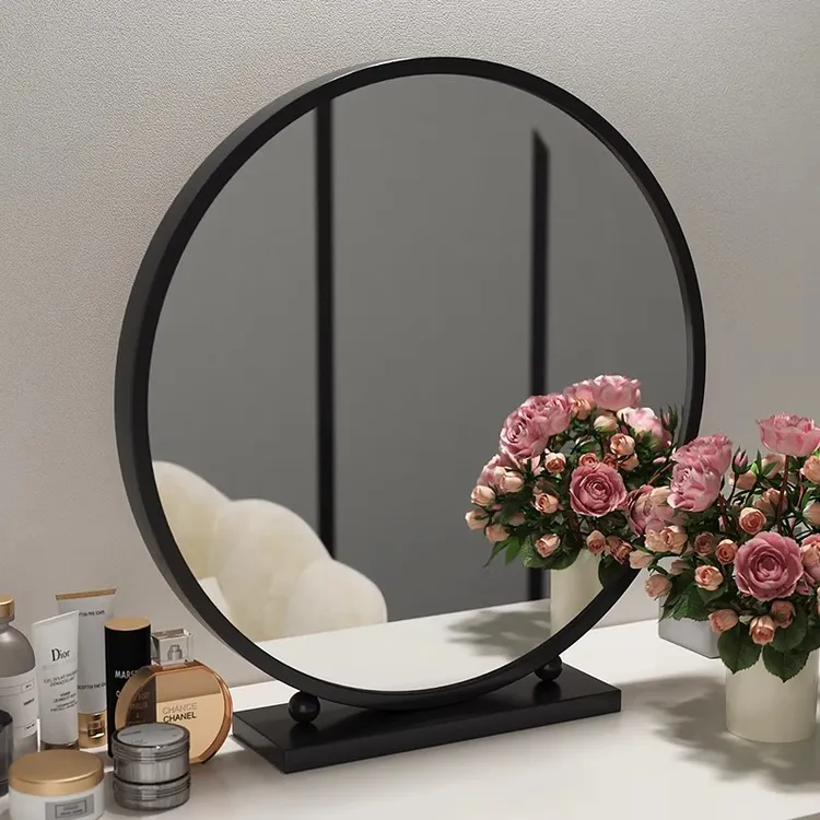 轻奢化妆镜圆形梳妆镜卧室桌面学生宿舍台式铁艺美妆镜梳妆台镜子