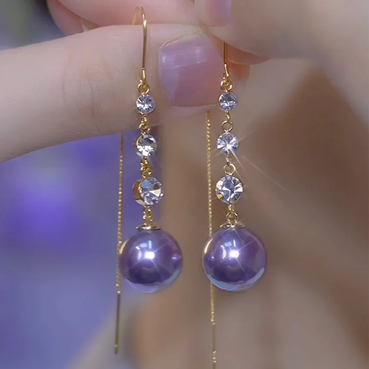 合金仿珍珠耳饰 高级感小众紫色珍珠耳线长款流苏耳环轻奢耳饰女