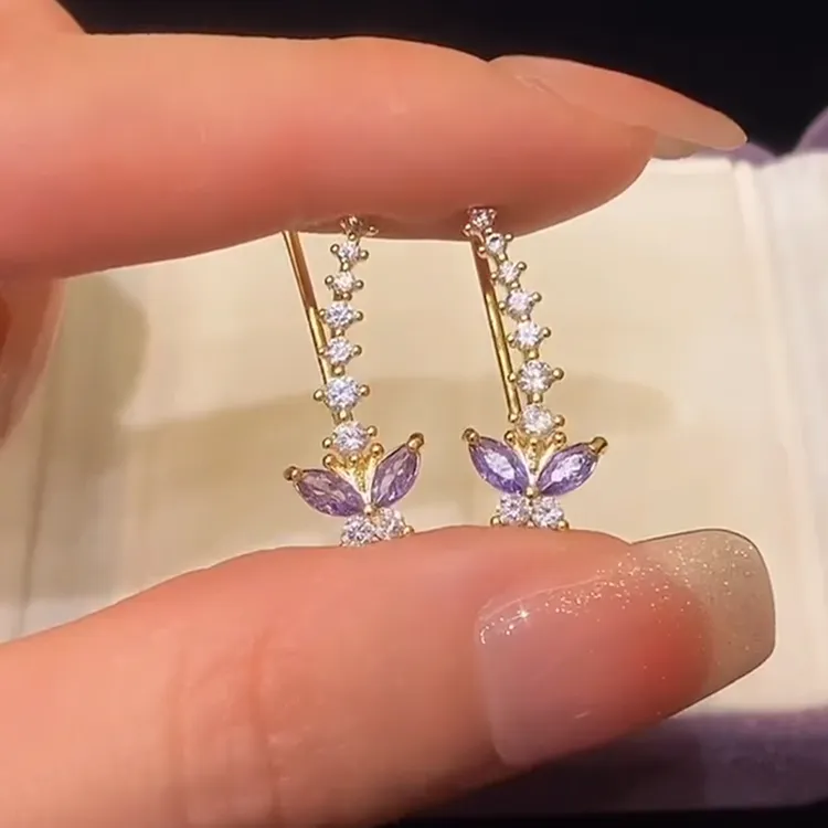 合金耳饰 超仙紫色蝴蝶耳排2024新款耳环女高级时尚气质轻奢耳饰商品图