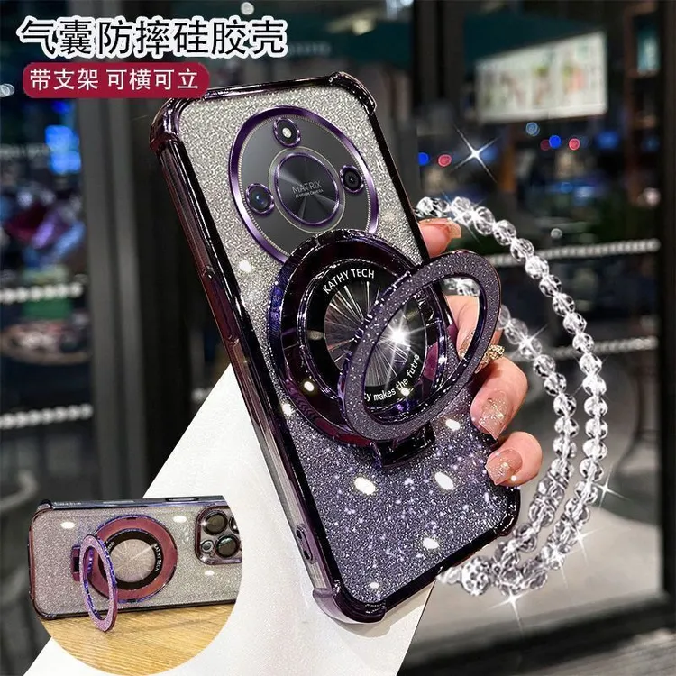 四角防摔荣耀X50手机壳ALIAN00女款护镜流行闪粉支架手链软硅胶防