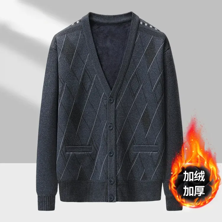 新款中老年开衫毛衣秋冬季爸爸装加绒加厚针织衫上衣爷爷保暖外套