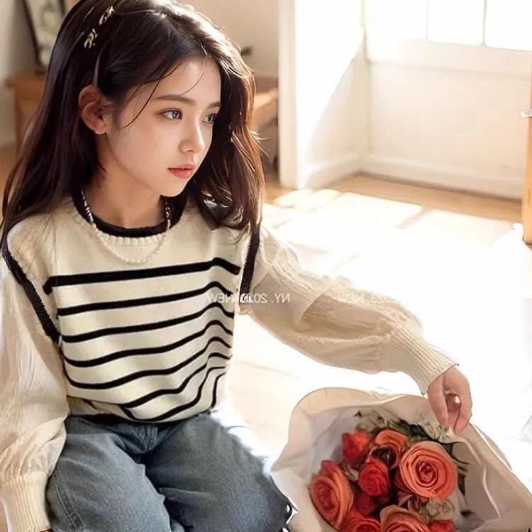 女童春秋2025新款洋气儿童装网红春装宝宝条纹小童休闲上衣毛衣